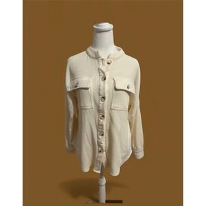 Cream Ivory‎ Neutral waffle knit ladies shacket chest pockets Gorpcore button up